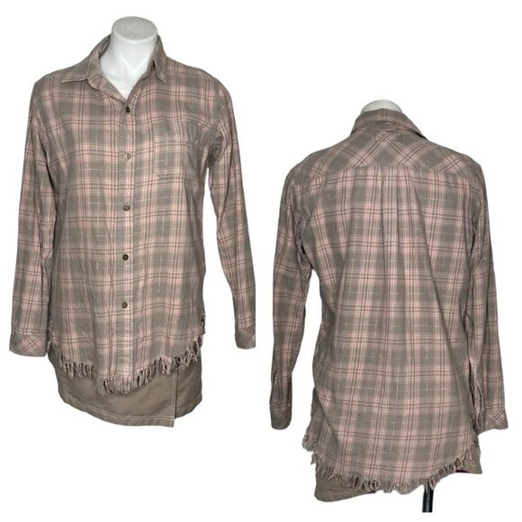 CURRENT ELLIOTT Plaid Shirt The Prep School Fray Pink Taupe Tinsel Size 2 - Picture 11 of 12